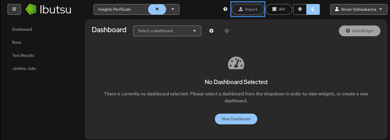 Ibutsu header with Import action highlighted
